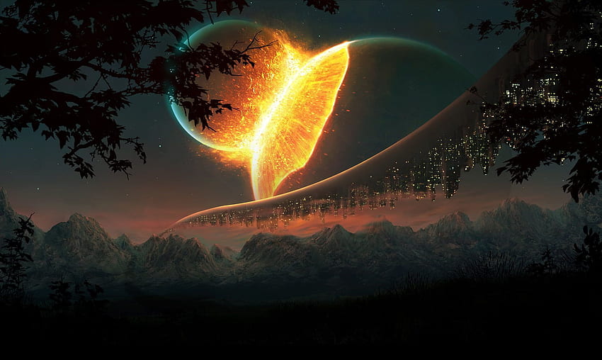 schwarzer Baum, zwei Planeten Science-Fiction HD-Hintergrundbild