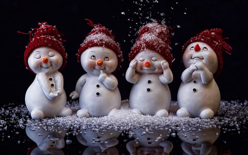 Snowmen, , 3D art, dark background, Happy New Year, snowfall, cute ...