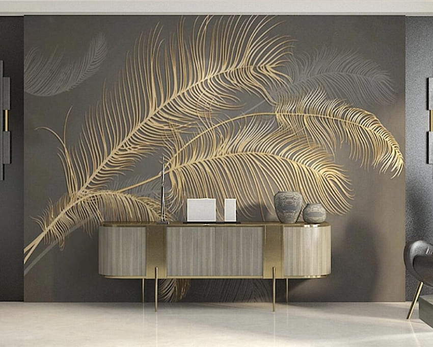 Custom Black Gold Luxury Feathered Mural - Mica Interiors Inc HD wallpaper