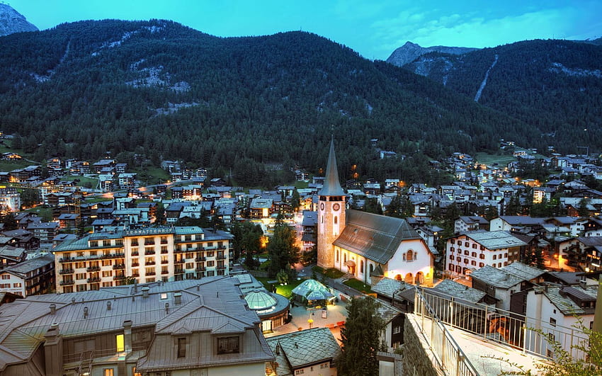 Paesaggio, Città, La casa, Montagne, Edificio, Svizzera, Panorama, Chiesa, Zermatt Sfondo HD