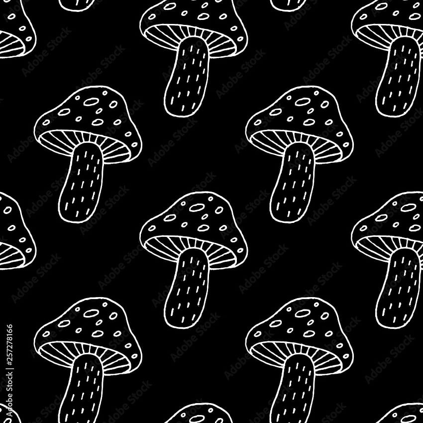 Padrão de cogumelo bonito dos desenhos animados com cogumelos desenhados à mão. Padrão de cogumelo doce vetor preto e branco. Padrão de cogumelo doodle monocromático sem costura para têxteis, papel de embrulho e cartões. Vetor de estoque, cogumelo Kawaii' Papel de parede de celular HD