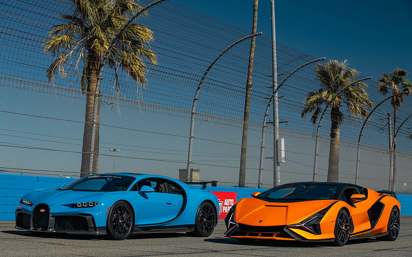 Lamborghini Sian, Bugatti Chiron, Hypercars, Rennwagen, neuer orangefarbener Sian, neuer blauer Chiron, Supersportwagen, Lamborghini, Bugatti HD-Hintergrundbild