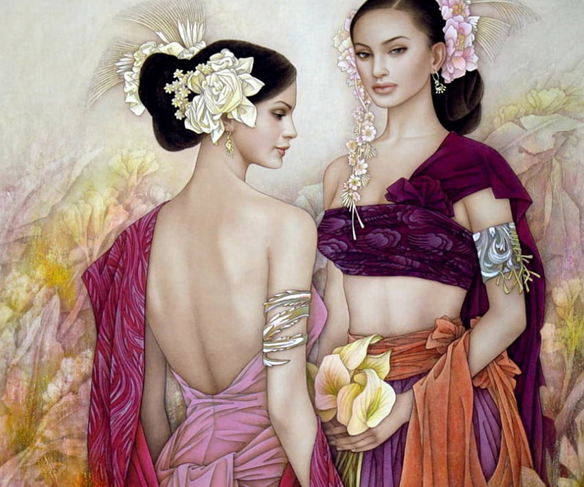 Asiatische Schönheit, asiatisch, Kunst, Blumen, Gemälde, Menschen, Schönheit HD-Hintergrundbild