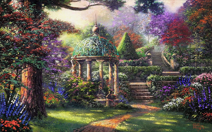 Artistic Colorful Garden Gazebo Painting Tree . . 1192031, Thomas Kinkade Spring HD wallpaper