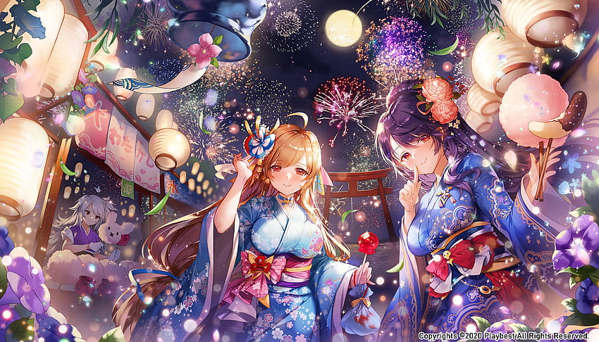 Sangokushi Meishouden, Festival, Fireworks, Yukata, Japanese Outfit, Cotton Candy, Vendors - Resolution:, Anime Festival HD wallpaper