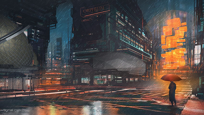 Rainy Night Man With Umbrella Scifi Rysunki Digital Art, Rain Night City Tapeta HD