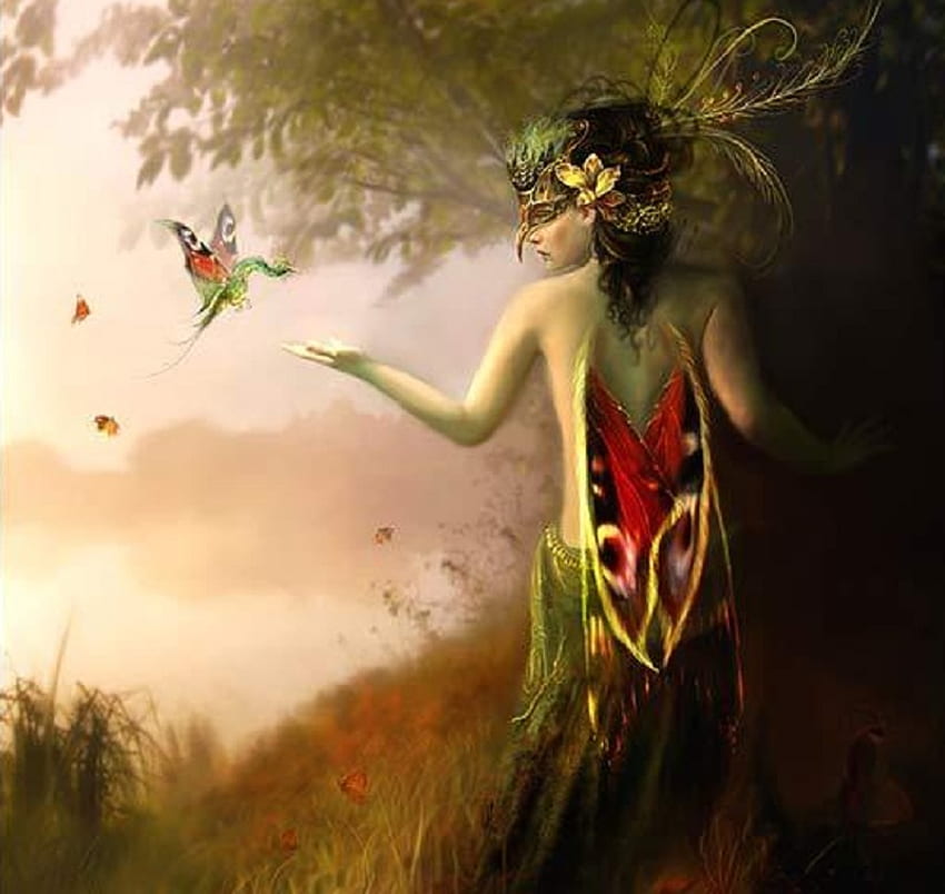 Miss and Myth, artwork, wings, feathers, fantasy, masque, creature, female HD wallpaper
