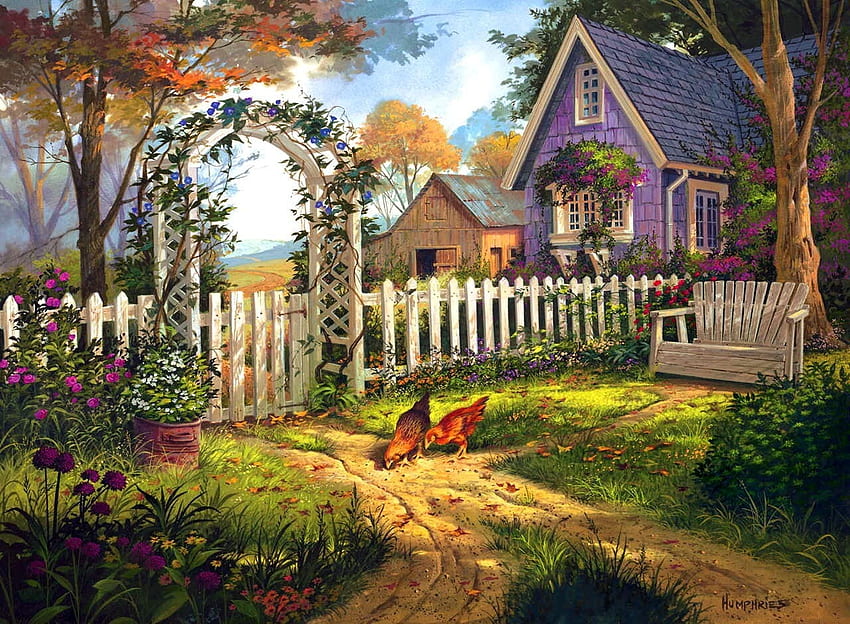 紫の A フレームの家、鶏、白、ピケット、フェンス、家 高画質の壁紙
