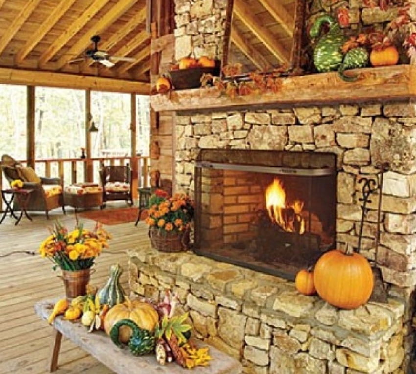 Dekorasi mantel musim gugur, dekorasi musim gugur, arsitektur, rumah, perapian, teras Wallpaper HD