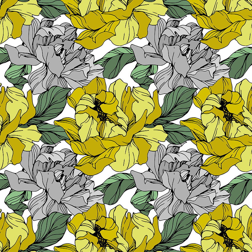 Vector Grey And Yellow Peony. Floral Botanical Flower. Wild Spring Leaf Wildflower Isolated. Engraved Ink Art. Seamless Background Pattern. Fabric Print Texture. Royalty Vector Graphic HD phone wallpaper