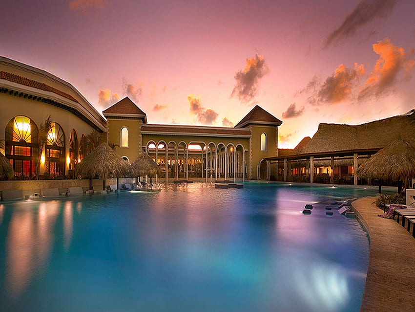 Pool, luxury, house, colors, villa, beautiful, clouds, nature, sky, water, resort, sunset HD wallpaper