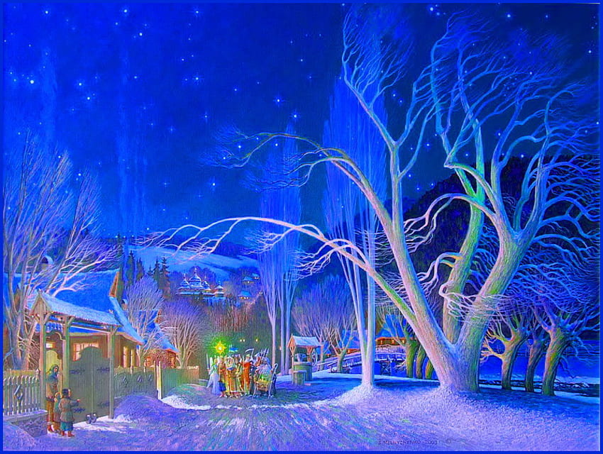 Boże Narodzenie Blask, błękitne niebo, blask, śnieg, drzewa, kolędnicy, domy, wieczór Tapeta HD