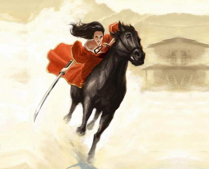 Riding To Battle, kuda, pedang, gurun, bangunan, badai angin, wanita Wallpaper HD