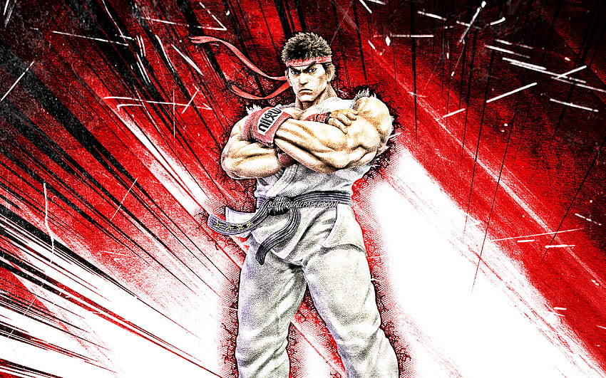 Ryu, grung art, warriors, Street Fighter, протагонист, червени абстрактни лъчи, Abundant, Ryu Street Fighter HD тапет