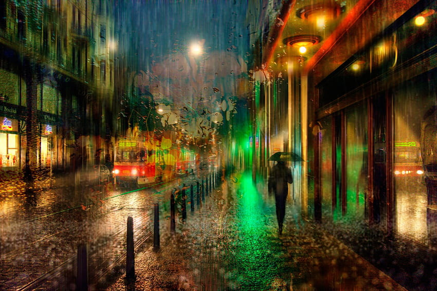 Rain, city, drops, rainy, evening, walk HD wallpaper