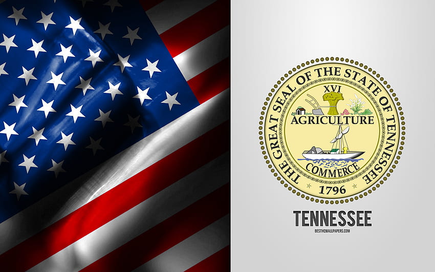 テネシー州の紋章、米国旗、テネシー州の紋章、テネシー州の紋章、テネシー州のバッジ、アメリカ国旗、テネシー州、米国 高画質の壁紙