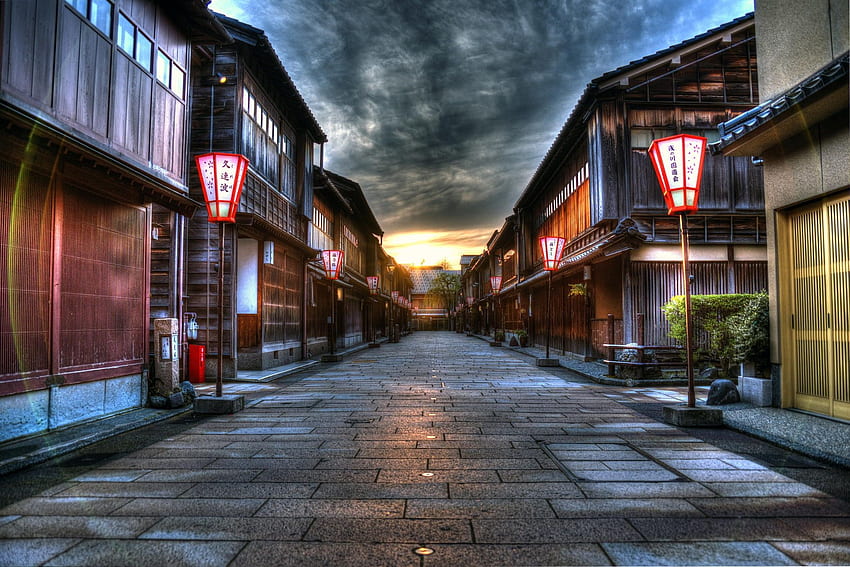 R, calle vacía, casas, lámparas, ciudad, Japón, declive, Japan Street Night fondo de pantalla