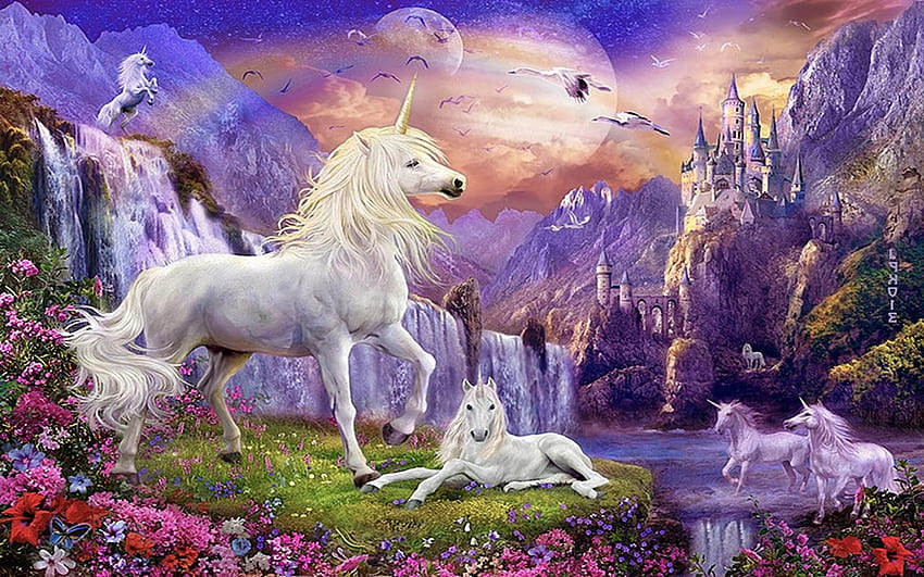 Unicorns, white, horse, bird, art, purple, pink, fantasy, flower, unicorn, luminos HD wallpaper
