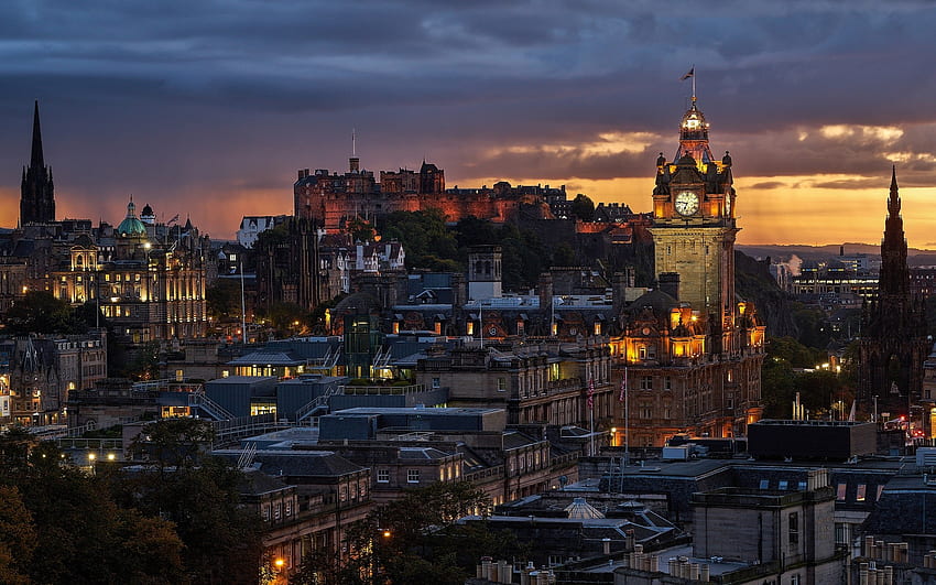 Edinburgh, İskoçya, Şehir, Mimari, Gotik mimari, Kule, Saat kuleleri, Gün batımı, Kale, Cityscape, Birleşik Krallık / ve Mobil Arkaplan, Edinburgh Bilgisayarı HD duvar kağıdı