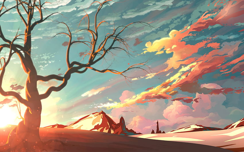 Red Sky Mountains Trees Digital Art Painting, Painted Sky HD wallpaper