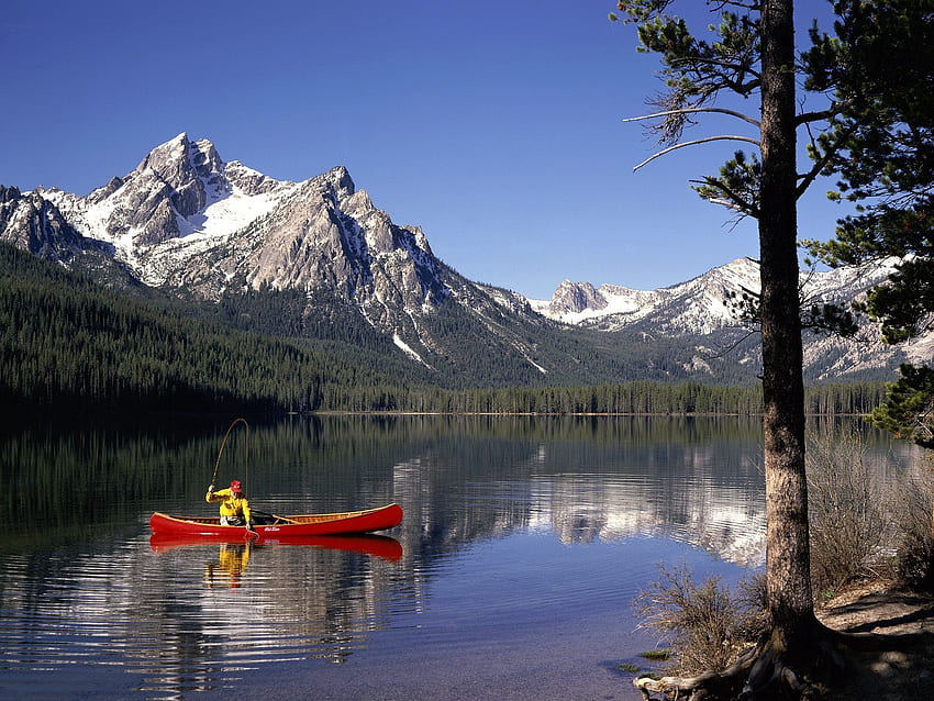 Nature, Mountains, Lake, Boat, Fisherman, Idaho HD wallpaper