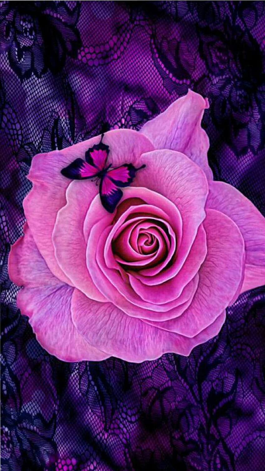 Rosa Blumen-Kunst-lila blauer Schmetterlings-Schmetterlings-Mock-up, rosa und purpurrote Blumen HD-Handy-Hintergrundbild