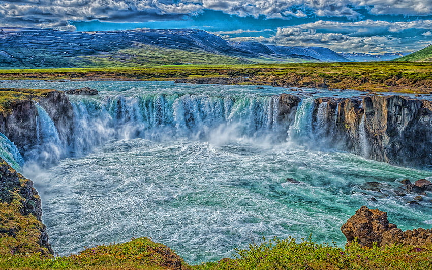 Godafoss, , R, waterfall, Icelandic landmarks, summer, Skjalfandafljot River, waterfalls of Iceland, beautiful waterfall, Iceland HD wallpaper