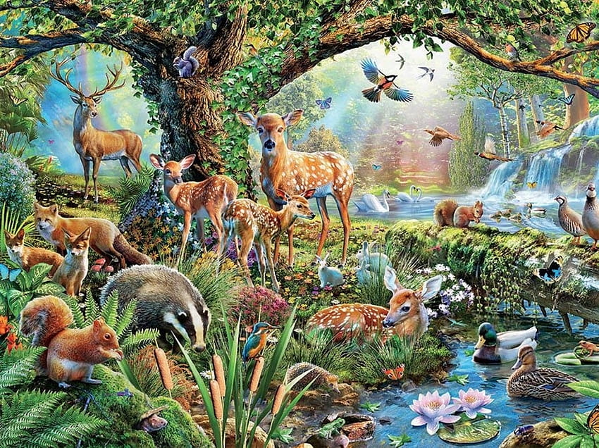 Hirschfamilie im Wald, Tier, Adrian Chesterman, Sommer, Fantasie, Hirsch, Luminos, Wasser, Wald, Vara HD-Hintergrundbild