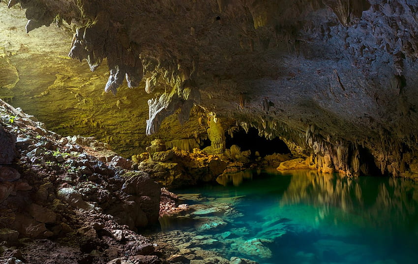 Crystal Cave, Belize, Parco Nazionale, stalagmiti, ammassi di cristalli, acque turchesi, buco blu, bellissimo, maya, inquietanti formazioni rocciose Sfondo HD