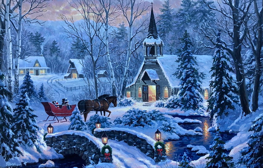 The church, blue, winter, craciun, art, abraham hunter, church, painting, christmas, iarna, pictura HD wallpaper