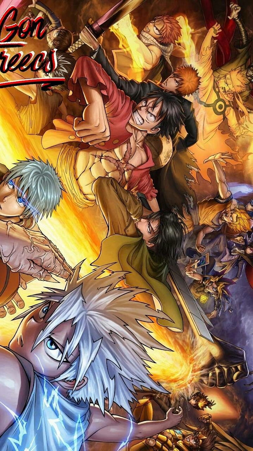 Shonen-Helden vereinen sich. Anime-Crossover, Manga-Anime, Anime HD-Handy-Hintergrundbild