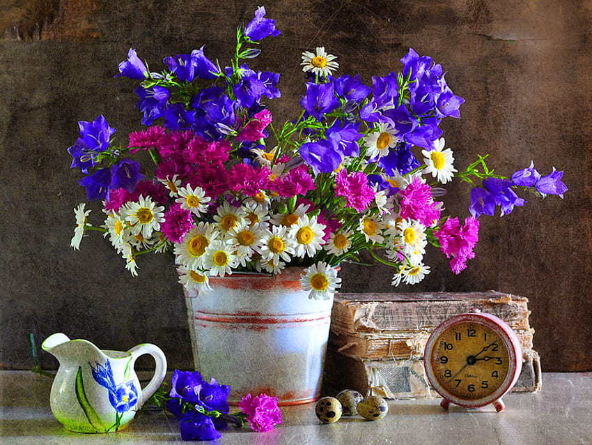 Натюрморт, ваза, красиво, хубаво, стара книга, цветя, часовник, прекрасно, хармония HD тапет