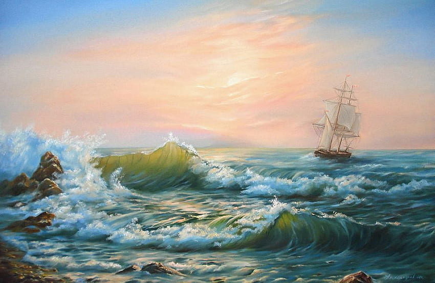 Waves, ship, painting, art, sky, ocean HD wallpaper