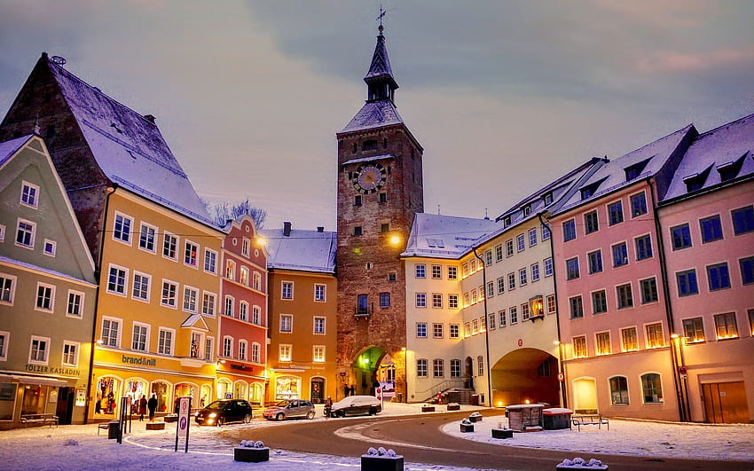 Градска врата в Ландсберг, Германия, зима, къщи, Германия, светлини, град HD тапет