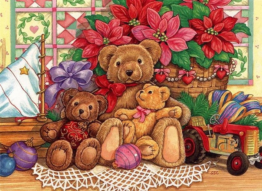 família de urso de natal, feriado, urso, família, flor, natal, Poinsétia papel de parede HD