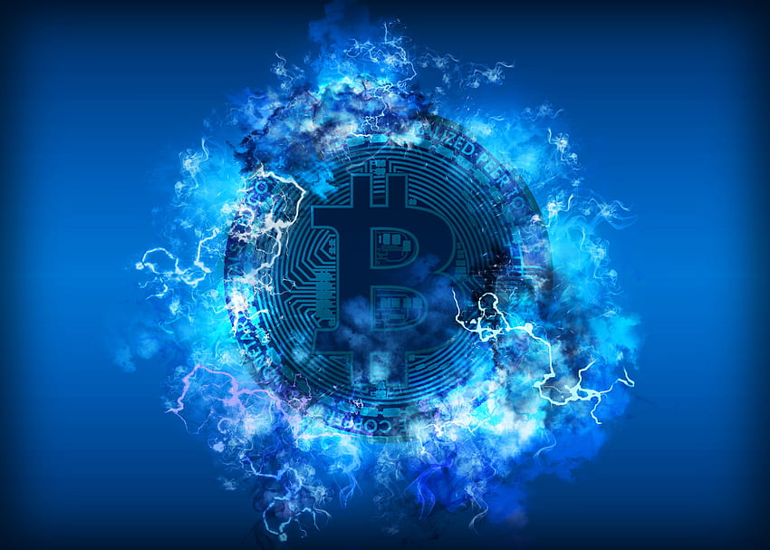 Moneta bitcoin z piorunami na niebieskim tle, finanse Tapeta HD