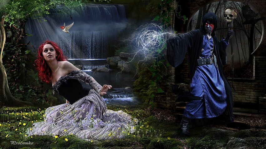 Fairy Forest, sorcerer, magic, girl, collage, fairy, lightning, fantasy, waterfall, forest HD wallpaper