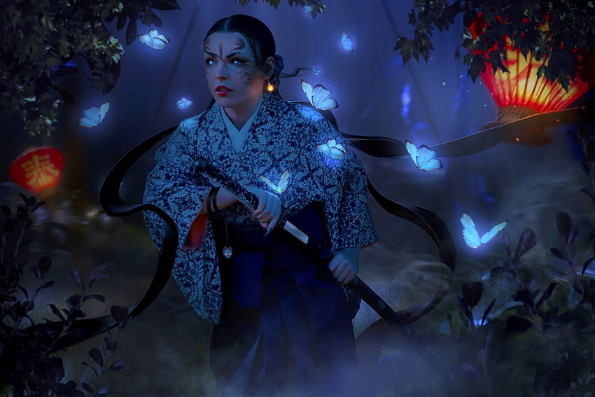 Samurai-Mädchen, Anna Os, Nacht, Blau, Frumusete, Kimono, Asiatin, Mädchen, Dunkel, Handfächer, Fantasie, Schmetterling, Luminos, Katana HD-Hintergrundbild