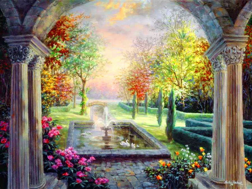 Ogród spokój, kolorowy, alejki, wiosna, spokój, piękno, ładny, cichy, , łuk, fontanna, spokój, sztuka, ogród, raj, piękny, park, lato, ładny, natura, kwiaty, śliczny, spokój Tapeta HD