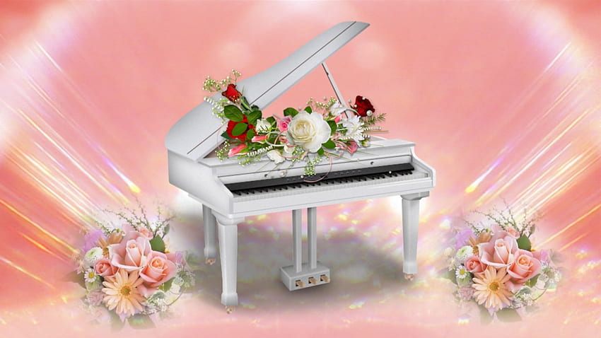 ~*~ Romantic Piano ~*~, , ピンク, ピアノ, バラ, 花, ロマンチック 高画質の壁紙