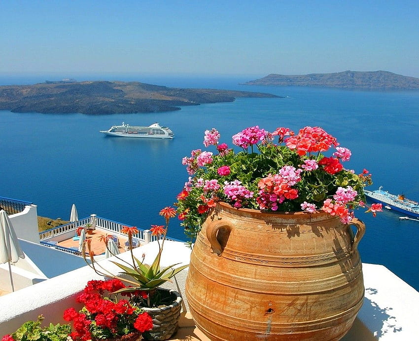 Beach: Unforgettable Greece Flowers Ship Beach Computer HD wallpaper
