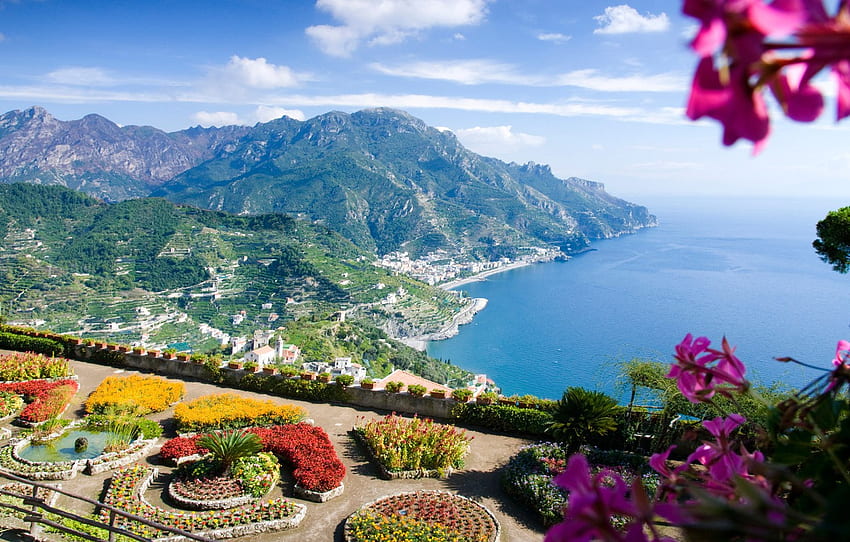 sea, flowers, mountains, Villa, Italy, Ravello, Amalfi coast, Villa Rufolo for , section пейзажи HD wallpaper