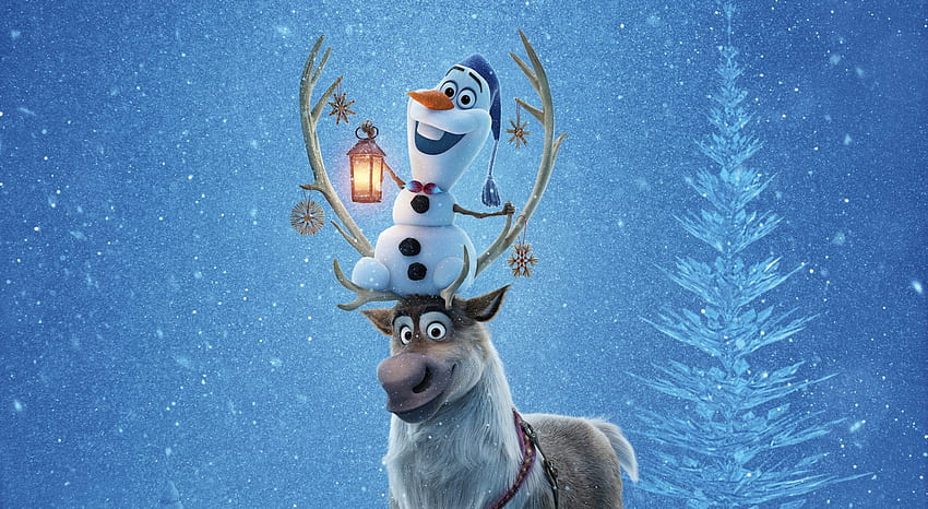 poster, luminos, movie, snowman, iarna, horns, winter, tree, fantasy, olafs frozen adventure, reindeer, frozen, disney, blue. Cool HD wallpaper