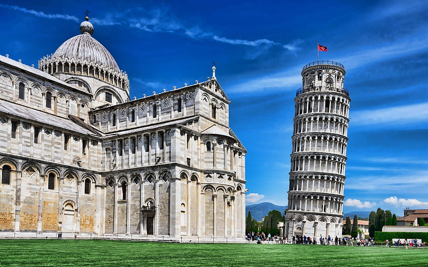 Krzywa Wieża w Pizie, lato, dzwonnica, dzwonnica, Piazza del Duomo, włoskie zabytki, Piza, Włochy, Europa, włoskie miasta z rozdzielczością. Wysoka jakość Tapeta HD
