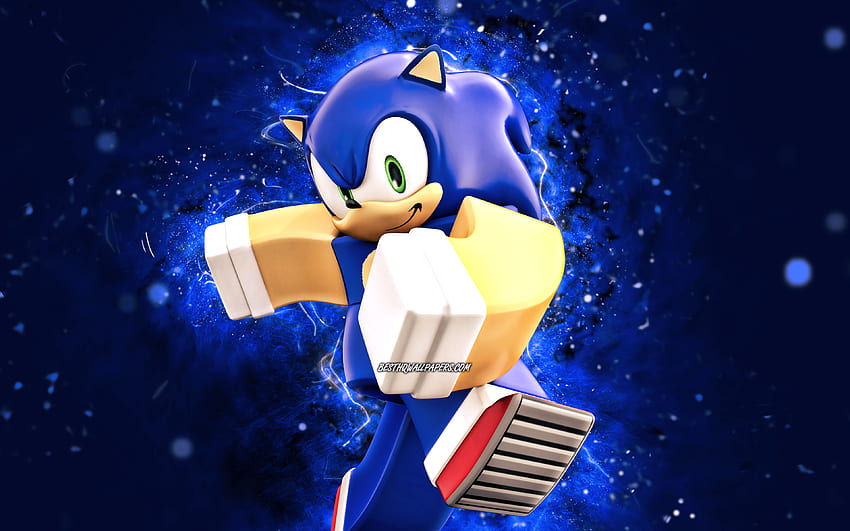 Sonic the Hedgehog, , blue neon lights, Roblox, Heroes of Robloxia, Roblox characters, Sonic Roblox, Sonic the Hedgehog Roblox, Sonic the Roblox HD wallpaper