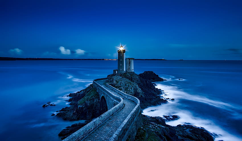 Faro, Francia, punto di riferimento, notte, costa, mare Sfondo HD