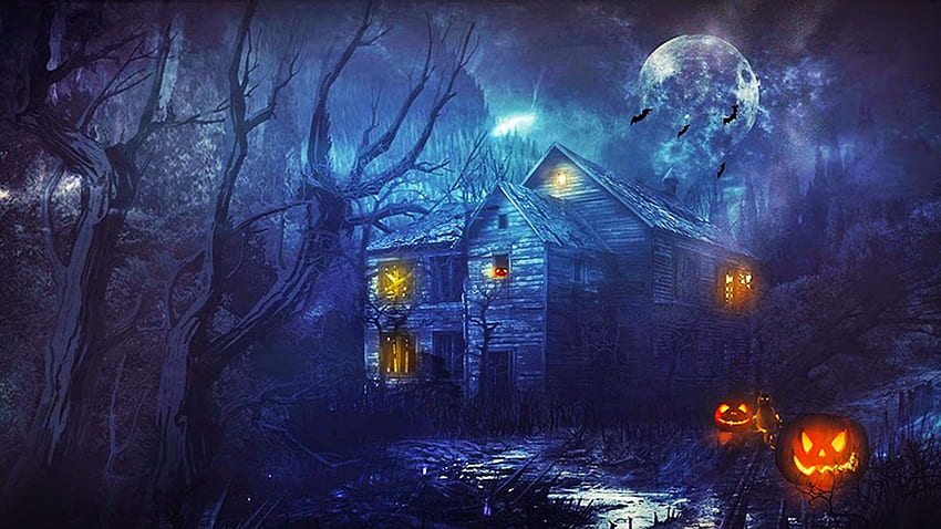 Страшна нощ, тикви, Хелоуин, обитаван от духове, светлини, къща HD тапет