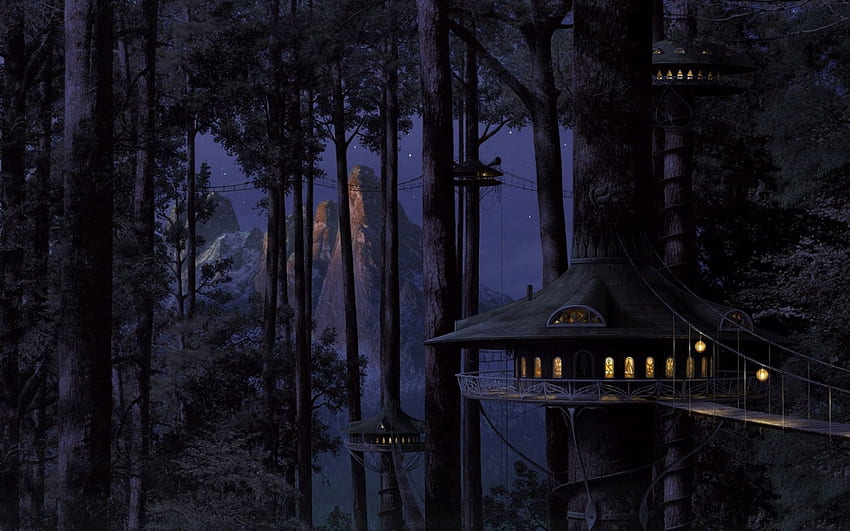 แฟนตาซี กลางคืน ส่องแสง แสง ไม้ ป่า ต้นไม้ บ้าน วอลล์เปเปอร์ HD