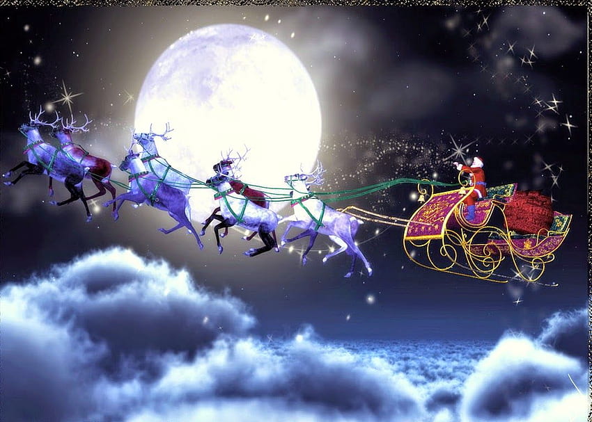 Santa Claus coming to town riding his reindeer sleigh flying, Santa's Sleigh Flying HD wallpaper