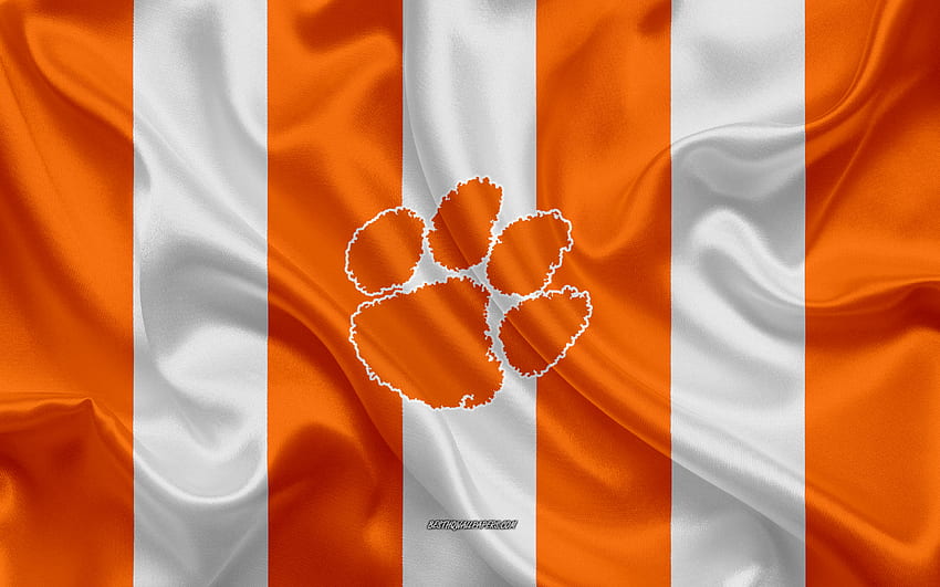 Clemson Tigers, equipo de fútbol americano, emblema, bandera de seda, textura de seda blanca naranja, NCAA, logotipo de Clemson Tigers, Clemson, Carolina del Sur, EE. UU., fútbol americano, Universidad de Clemson para con resolución . Alta calidad fondo de pantalla